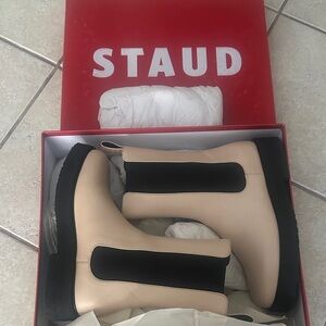STAUD Cream and Black Ankle Boots